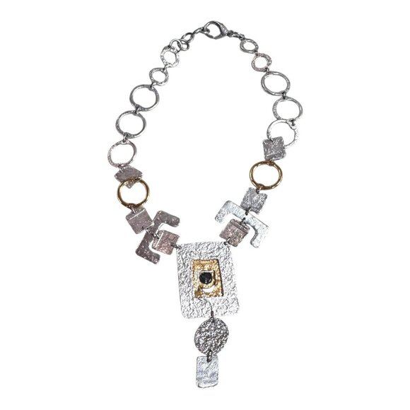 Estate Signed J Jansen Designs Brutalist Silver Plated Statement Necklace Modern - Picture 7 of 14